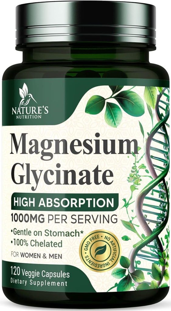 Magnesium Glycinate 1000mg - Chelated for Ultra Absorption, Magnesium for Bone, Muscle, Nerves & Heart Health Support, Natures Sleep Support, Best Mag Supplement Pills for Whole Body - 120 Capsules