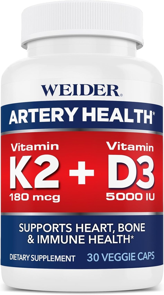 Weider Artery Health for Heart, Immune and Bone Support with Vitamin K2 (180mcg) & Vitamin D3 (5000iu), 30 Veggie Capsules