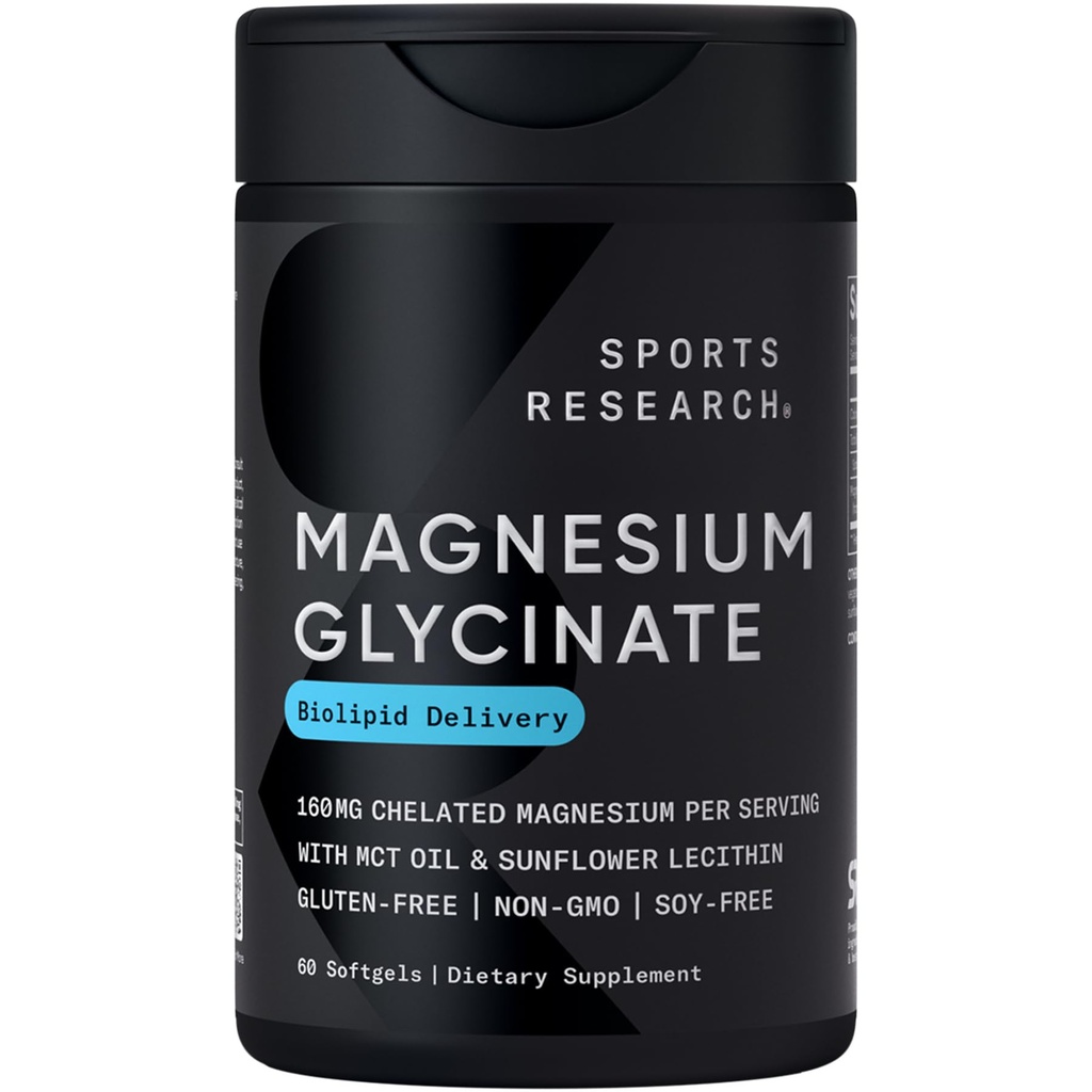 Sports Research® Magnesium Glycinate - Supports Restful Sleep & Enzymatic Processes - 160 mg Chelated Magnesium - Liquid Softgel - 60 Cuenta