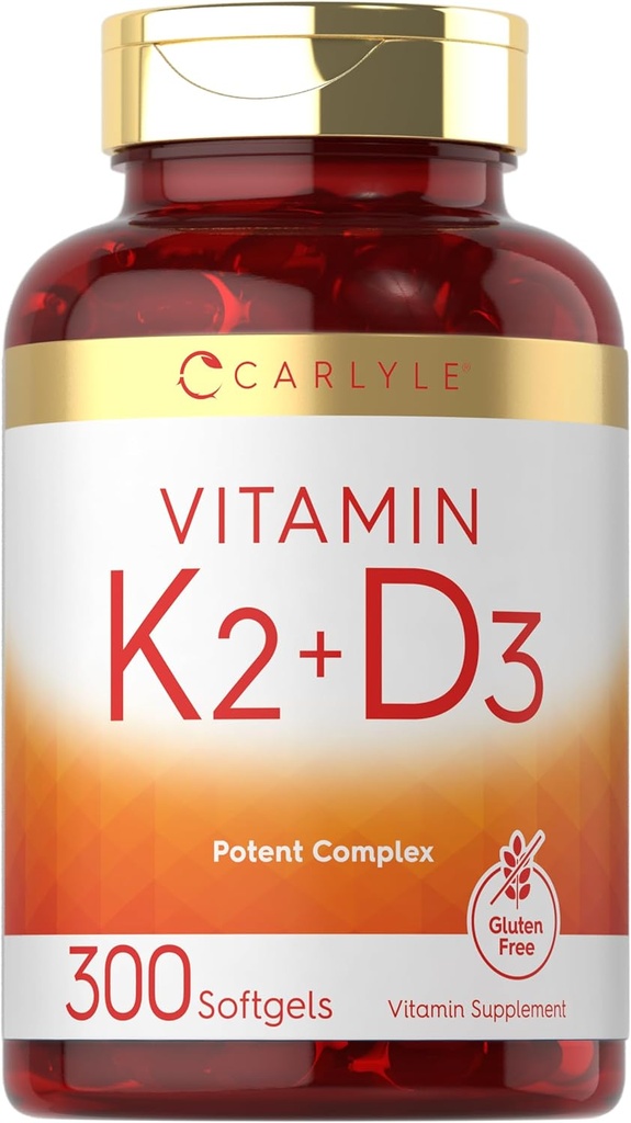 Carlyle Vitamin K2 D3 Suplemento Silencio 300 Softgels TEN 200mcg K2 MK7 " 10,000 IU D3 ANTE No GMO, Gluten Free