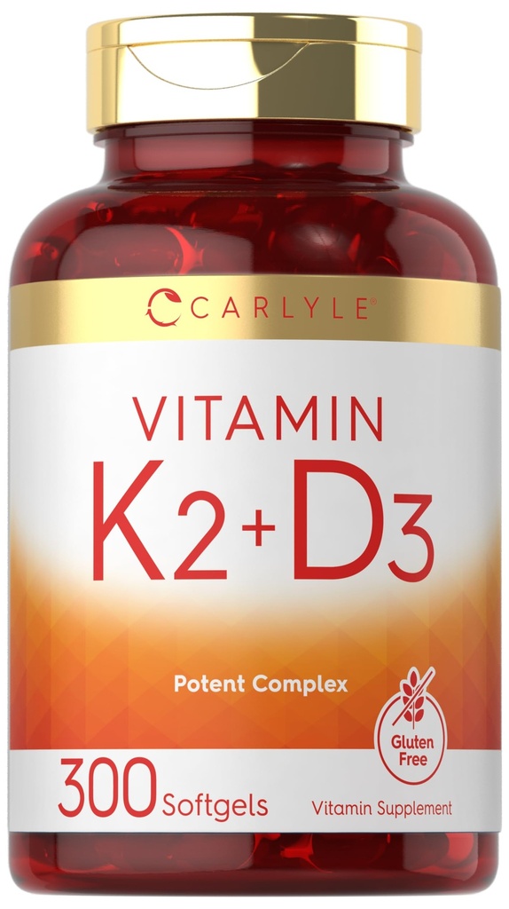 Carlyle Vitamin K2 D3 Supplement | 300 Softgels | 200mcg K2 MK7 & 10,000 IU D3 | Non-GMO, Gluten Free