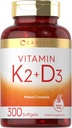 Carlyle Vitamin K2 D3 Suplemento Silencio 300 Softgels TEN 200mcg K2 MK7 " 10,000 IU D3 ANTE No GMO, Gluten Free