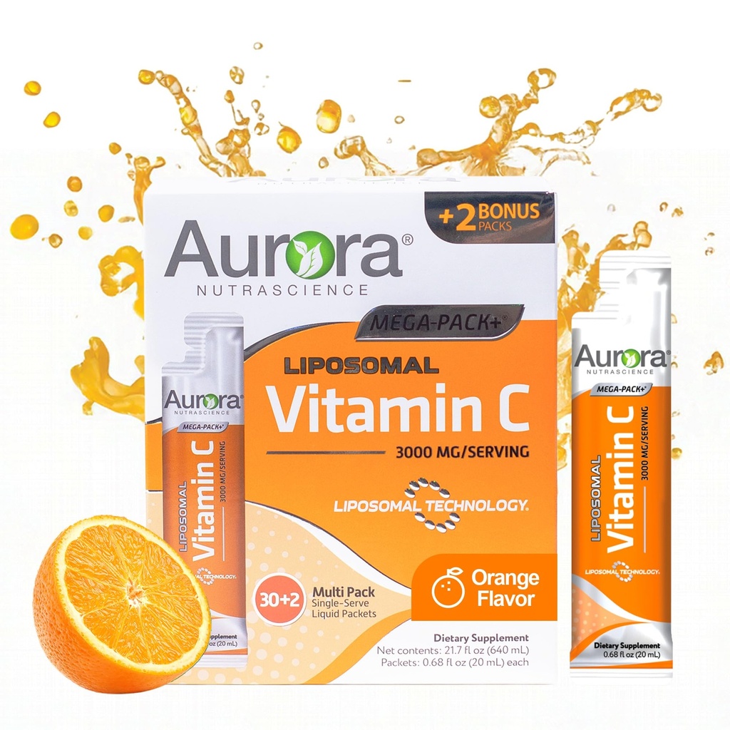 Vida Lifescience Aurora Nutrascience Mega-Pack Liposomal Vitamina C, Immune Support, 3000 mg por Serving, Vegan, Gluten Free, Non-GMO, 32 Single Serve Packets, Orange