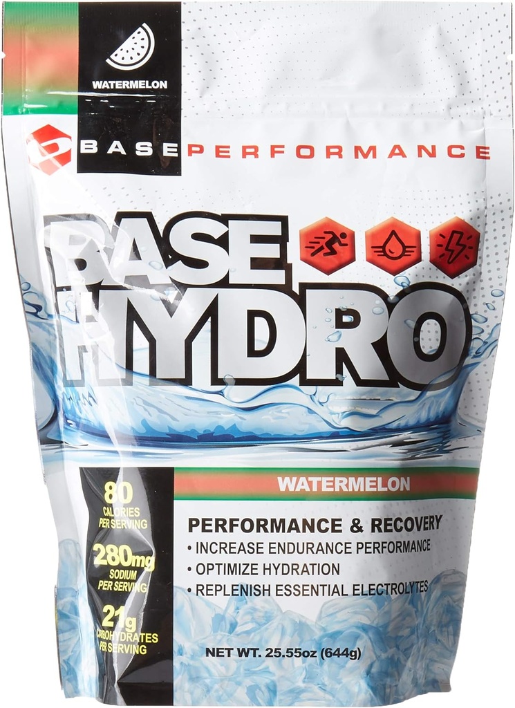 BASE Performance Hydro - Watermelon tención 28 Serviciones Dentro de cada bolsa de Mylar ecológicamente Silencioso de Dextrose, Fructose, maltodextrin y Electrolitos Esenciales. (Watermelon)