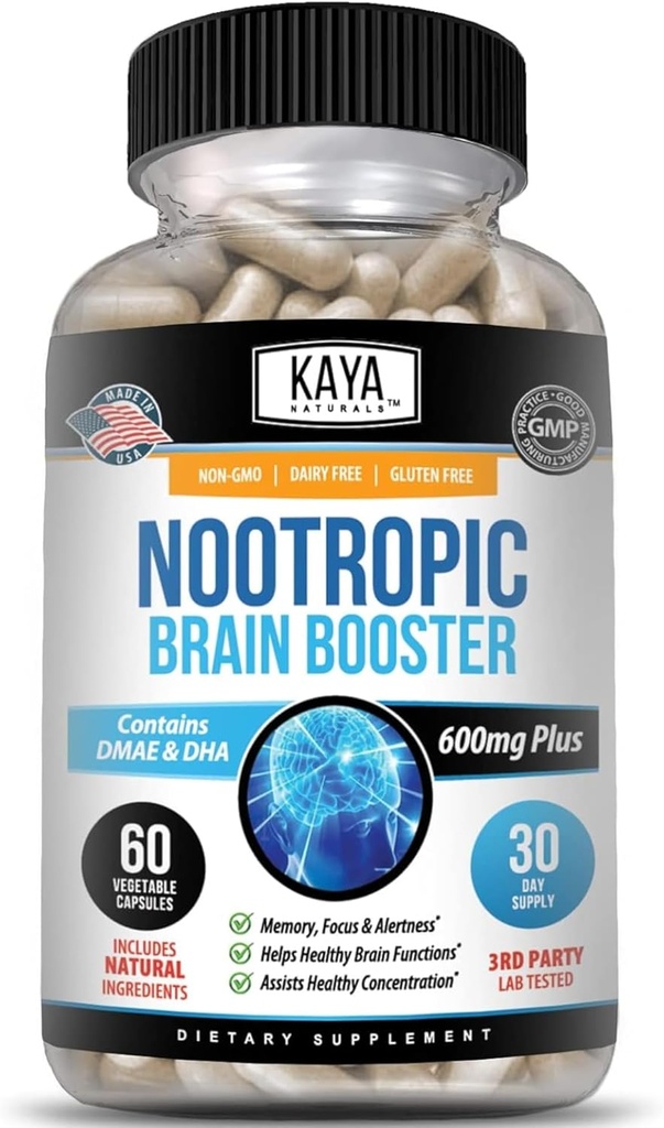 Kaya Naturals - Nootropic Brain Booster - for Memory & Focus - Brain Support Supplement - Focus & Concentration & Learning Accuracy - Cognitive Function - 60 Count