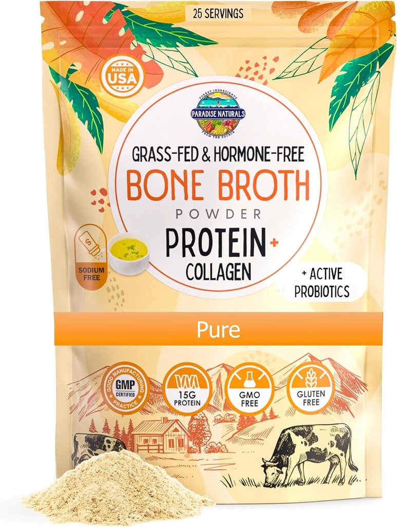 Paradise Naturals 100% Grass-Fed Organic Beef Bone Broth Powder, Active Probiotics, Collagen Peptide Rich 15g Protein, Non-GMO, Low Sodium, Healthy Skin Hair Joints, Gut Health, Paleo Keto, No Gluten