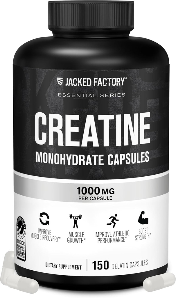 Cápsulas de Monohidrato de Creatina Jacked Factory Creatine - Píldoras de Creatina para el Crecimiento del Musculo, Aumento de la Fuerza, Mejora de la Energía y Mejor rendimiento atlético - 150 cápsulas