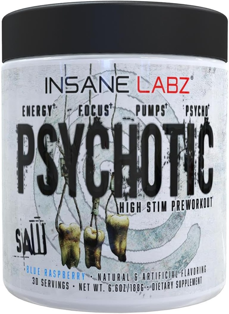 Insane Labz Psicotic SAW, High Stim Pre Workout Powder with OxyGold­TM and AMPiberry®,Extreme Lasting Energy with Teacrine®,Focus with CognitIQ® and Endurance (30 Servings (Pack of 1), Blue Raspberry)