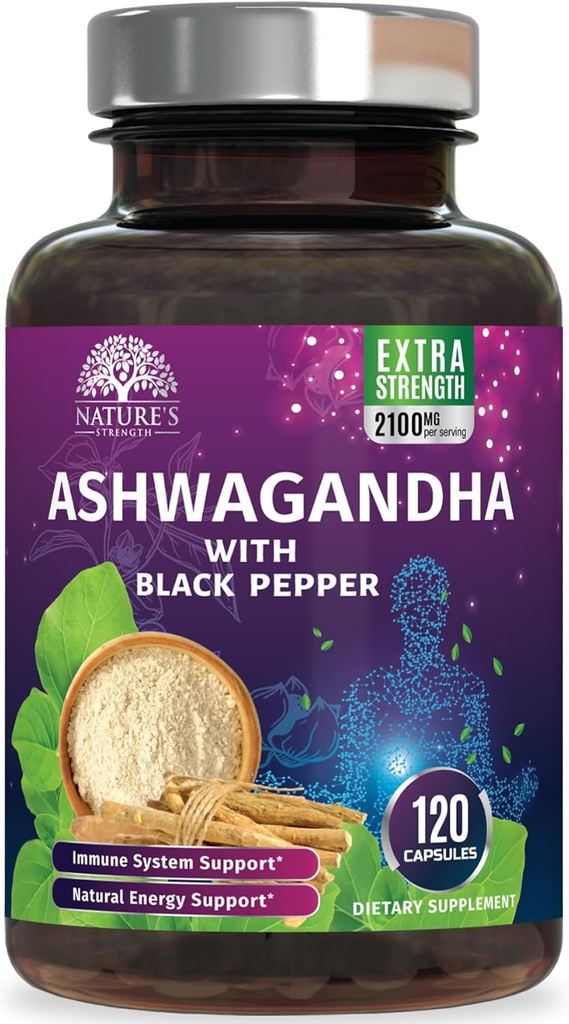 Ashwagandha Supplements 2100mg - Extra Strength Ashwagandha Powder & Root Extract with Black Pepper for Max Absorption, Herbal Antioxidant Supplements for Women & Men, Vegan, Non-GMO - 120 Capsules