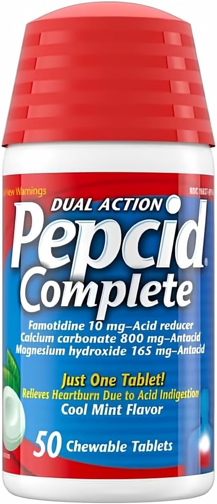 Pepcid Reductor de ácido completo + Tablas de corte de ácido, sabor de menta fresca, 50 cuentan por Pepcid Complete (paquete de 1)