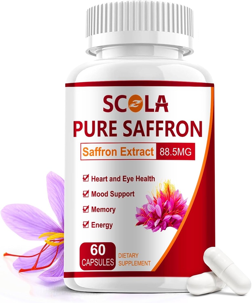 SCOLA Saffron Supplements, Pure 88.5mg Saffron Extract for Women ' Men, Boost Energy, Joint Supplements, Vegan, Non-GMO, 60 Capsules
