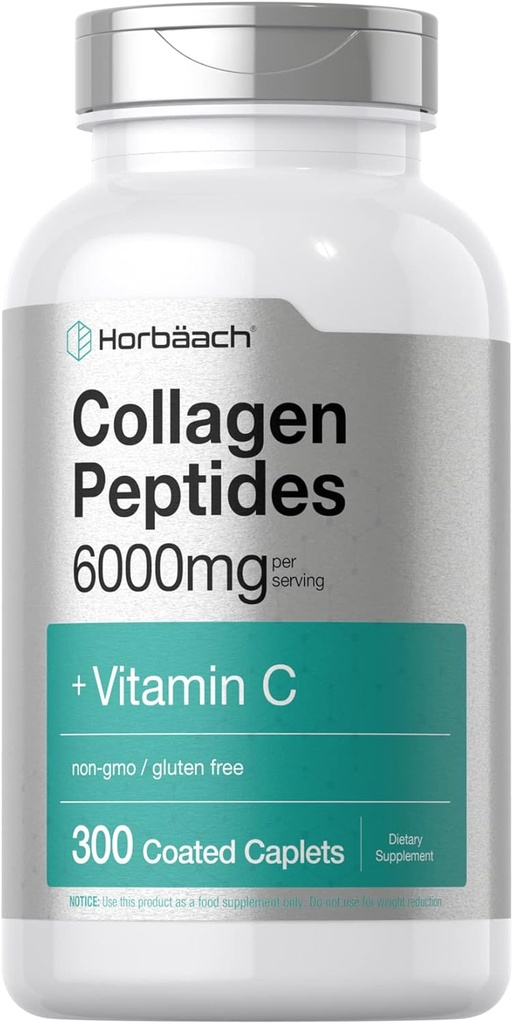 Horbäach Collagen Peptides 6000mg ← 300 píldoras de Caplet Silencio con Vitamina C ← Suplemento de Collagen Hidrolyzed