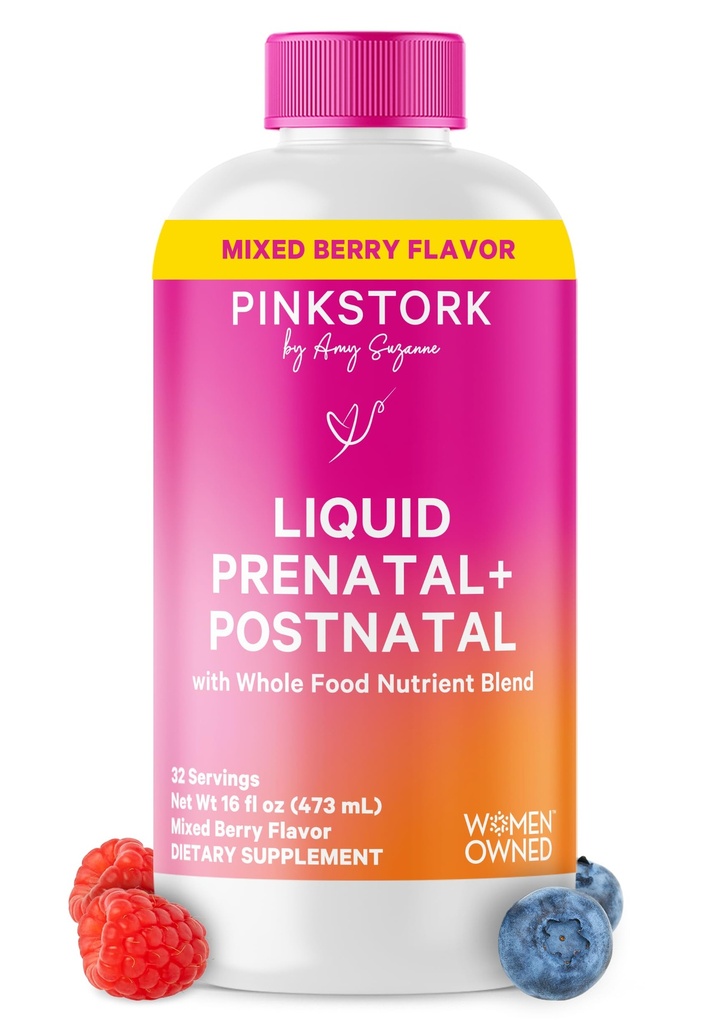 Pink Stork Liquid Prenatal Vitamins for Women - Berry Flavor - Organic Food Blend - Fertility, Pregnancy, Postpartum Essentials - Morning Sickness Support - Breastfeeding " Lactation - 32 Servings