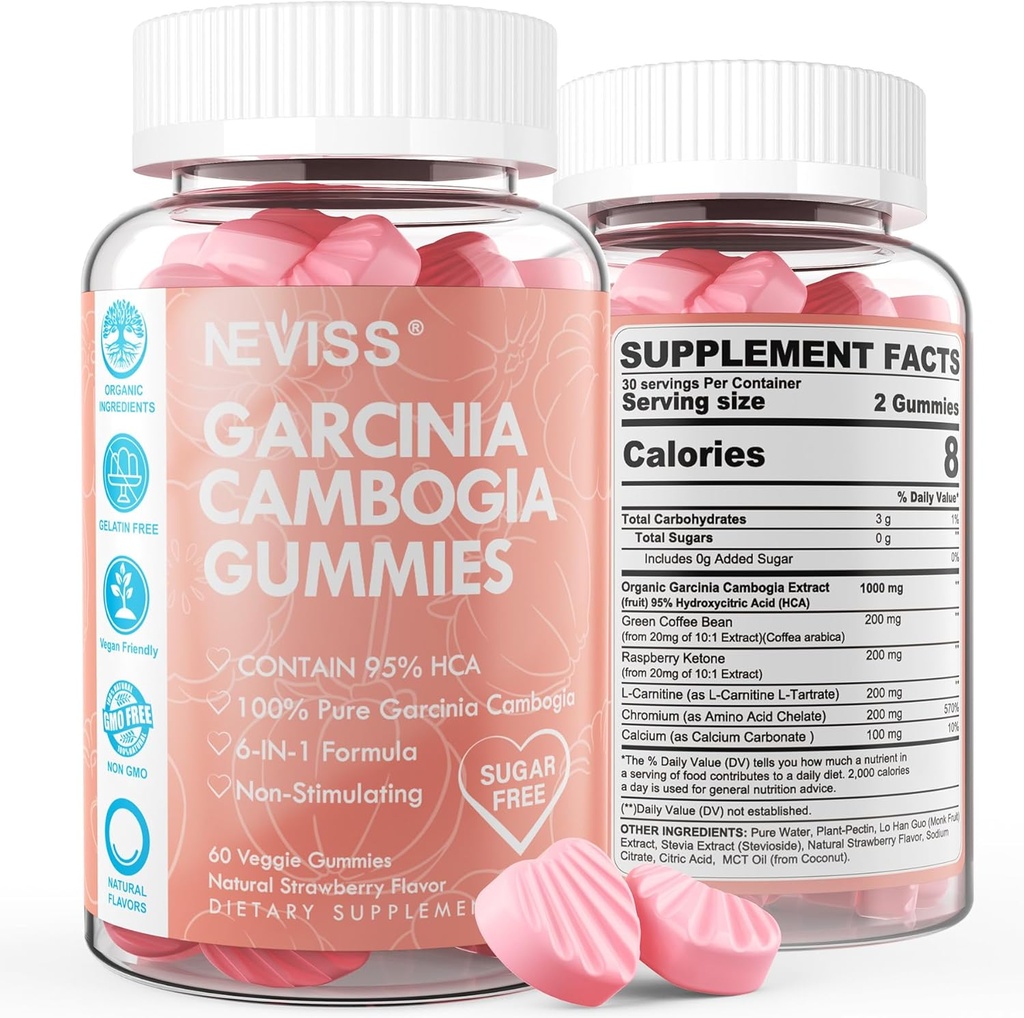 Sugar Free Garcinia Cambogia Gummies 1000mg 95% HCA Pure Extract with L-Carnitine, Raspberry Ketone, Chromium, Green Coffee Bean for Metabolism, 100% Organic Extract, Vegan, Strawberry Flavor 60 Cts