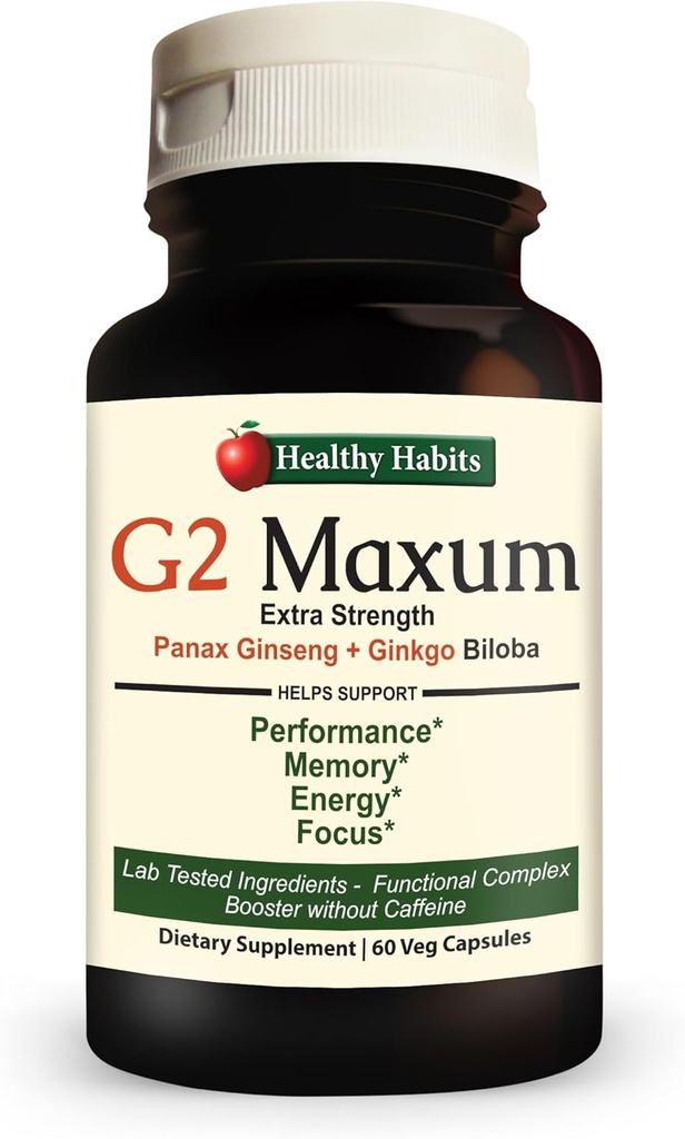 Habits saludables G2 Maxum Extra Strength Panax Ginseng Plus Ginkgo Biloba Blended to Support Energy and Cognitive Function 60 Veg Capsules per Bottle