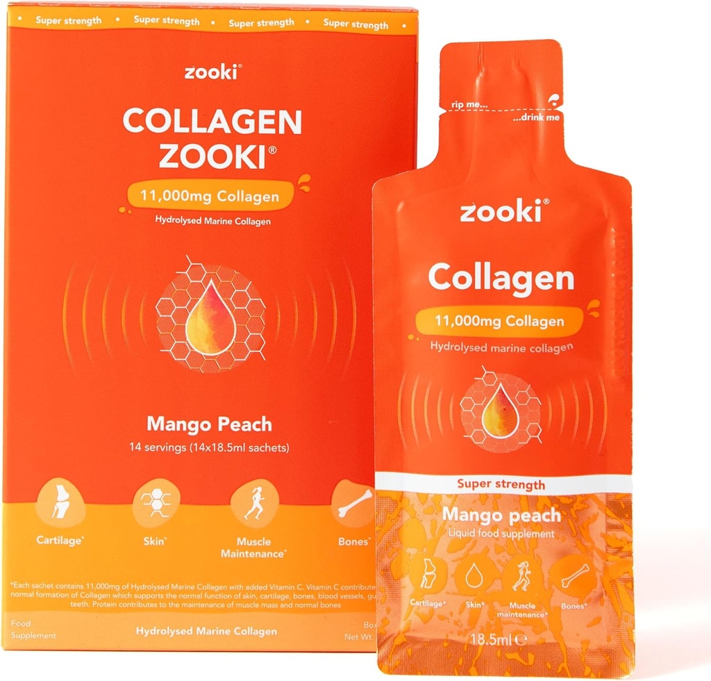 Zooki Super Strength Marine Collagen Liquid Sachets 11,000mg – Great Taste, Sugar Free – Highestrength Marine Collagen Supplements for Women &amp; Men – Skin, Joints & Hair (Mango Peach, 14 Servings)