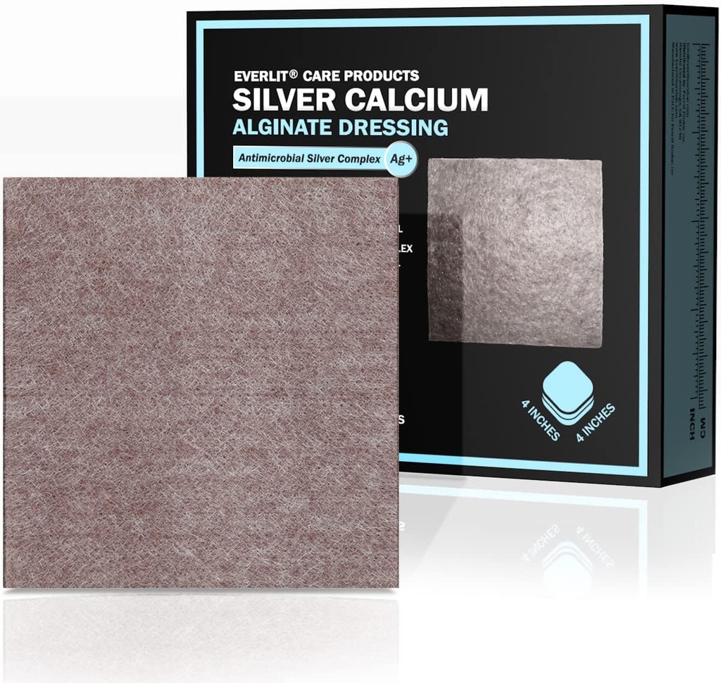EVERLIT AG Silver Calcium Alginate Wound Dressing ← Absorbent Non-Stick Sterile Dressing Pad ← Gentle Hemostatic Gauze with Natural Gelling Fiber for Wound Care (4" x 4" ← Pack of 10)