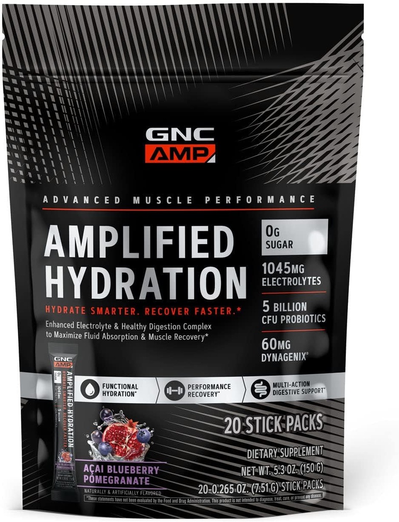 GNC AMP Amplificado Hydration Electrolyte Powder Drink Mix  Enhanced Electrolyte &amp; Healthy Digestion Complex ← Acai Blueberry Pomegranate ← 20 Count