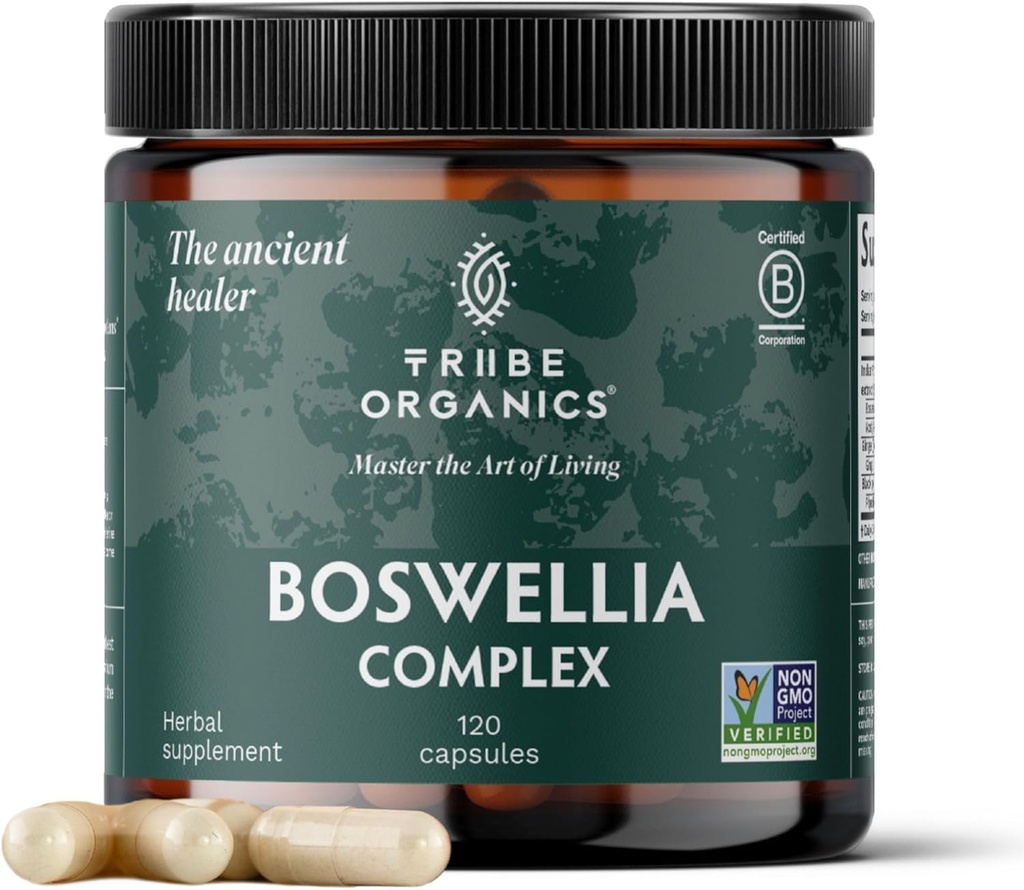 TRIBE ORGANICS Boswellia Serrata Complex Supplement for Joint Support, Muscle Relief - Vegetarian Non-GMO 120 Capsules, High Potency - Boswellin Super with Ginger Extract & Black Pepper - 420mg