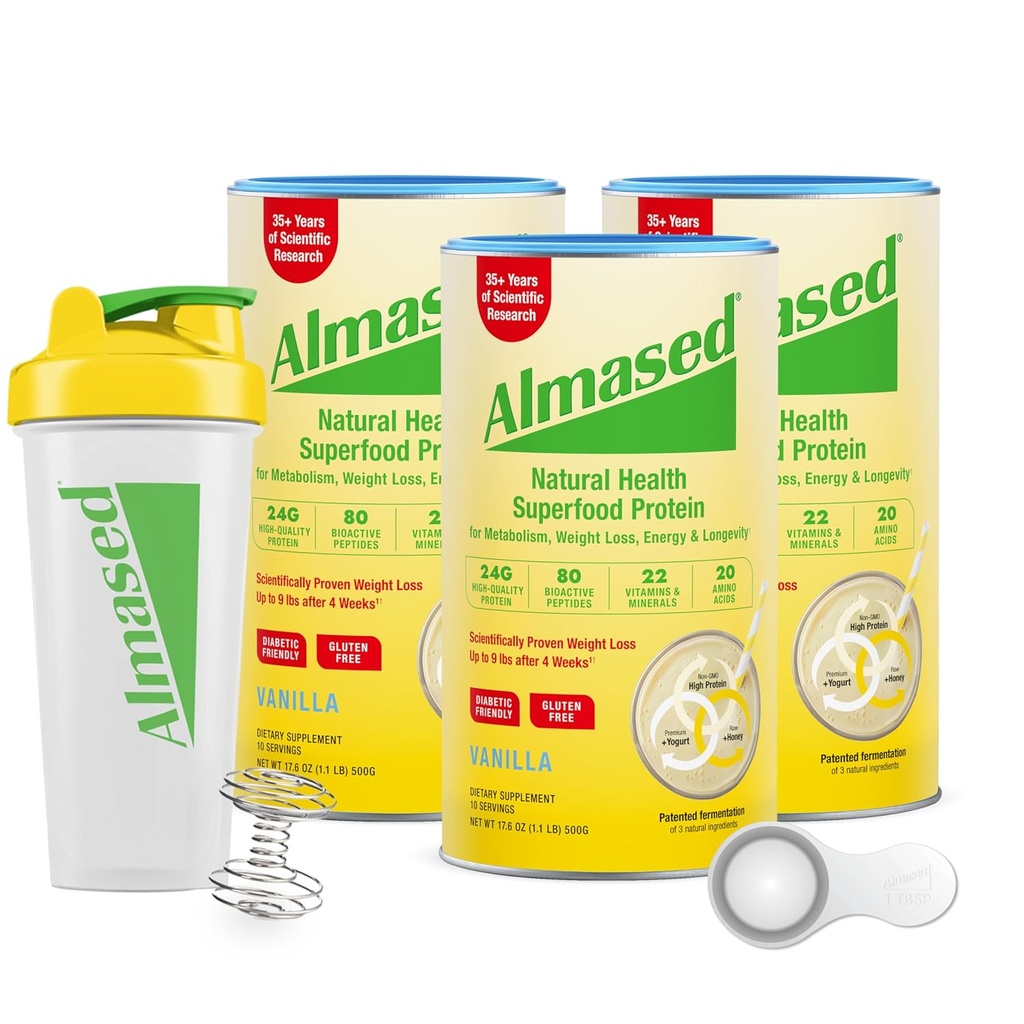Powder de proteína Almased, GLP-1 Suplemento de Apoyo a la Nutrición, Afeitado de Reemplazo de Comida para la Pérdida de Peso, proteína alta, nutrición completa (Vanilla Flavor, 3 Cans @ 17.6 oz ea + cuchara + botella de Shaker 700ml