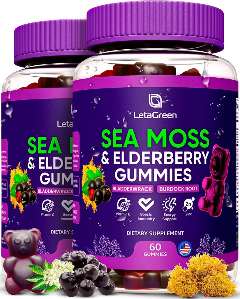 Irlandés Moss Gummies – Sea Moss Bladderwrack Burdock Elderberry – 60 Vegan Seamoss Bears – Elderberry Gummies for Kids &amp; Adults with Vitamin C & Zinc (Pack of 2)