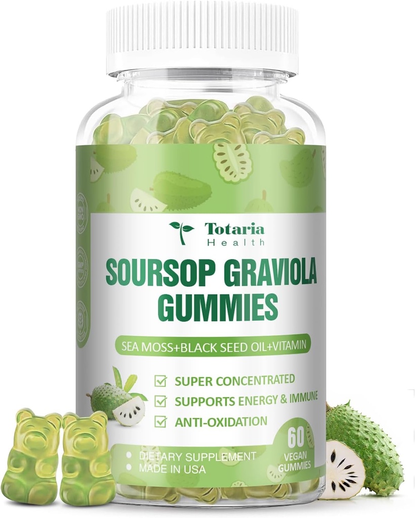 Totaria Sugar Free Soursop Oil Graviola Sea Moss Gummies - Soporte Digestive Sleep Skin Health, Immunity & Antioxidant - Guanabana Fruit with Sea Moss, 150mg Black Seed Oil Organic Non-GMO Vegan