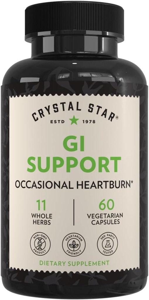 Suplemento de apoyo de Crystal Star GI (60 cápsulas) – Suplemento de salud de hierbas Que calma la acidez ocasional y apoya el reflujo ácido – jengibre, resbaladizo Elm Bark " Betaine HCL – Non-GMO