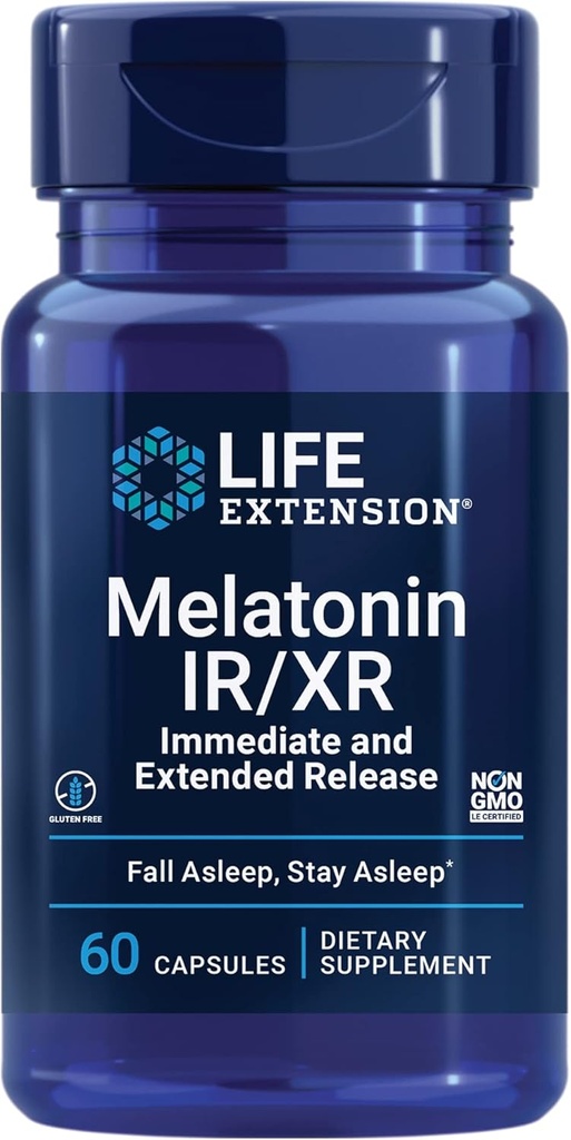 Extensión de la vida Melatonina IR/XR, 1,5 mg, Fórmula de liberación inmediata y ampliada para el apoyo al sueño óptimo, Ritmos circadianos saludables, Defensa celular, Libre de gluten, No GMO, 60 cápsulas