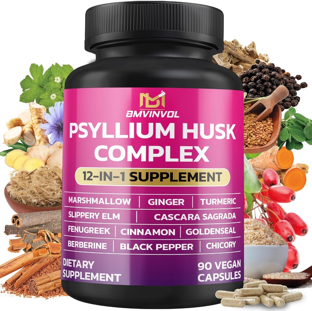 BMVINVOL Psyllium Husk, Slippery Elm, Cascara Sagrada, Fenugreek, Berberine, Cinnamon, Turmeric + 5 Mores - Immune Support &amp; Digestive Health Supplement - 90 Capsules