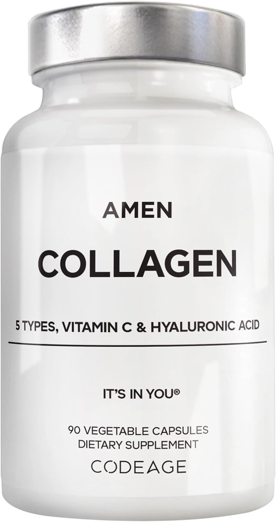 Amen Multi Collagen Peptides Capsules con ácido hialurónico y vitamina C - 5 Tipos de proteína Collagen Tipo I, II, III, V, X - Grass Fed Hidrolyzed - 18 Aminoácidos - Suplemento Collagen - 90 Píldoras