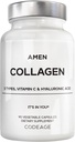 Amen Multi Collagen Peptides Capsules con ácido hialurónico y vitamina C - 5 Tipos de proteína Collagen Tipo I, II, III, V, X - Grass Fed Hidrolyzed - 18 Aminoácidos - Suplemento Collagen - 90 Píldoras
