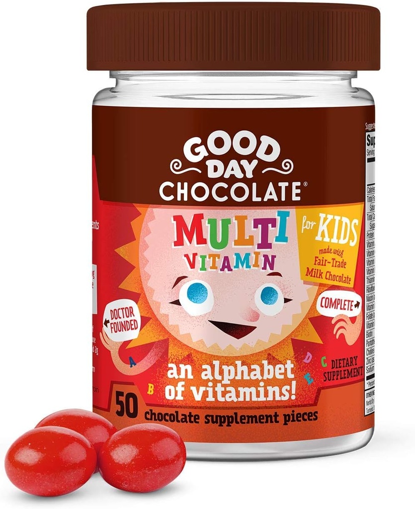 Chocolate de buen día completo multivitamínico para niños, Suplemento diario de vitaminas A, B6, B12, C, D, E, Folato y Biotina, Comercio justo y chocolate no transgénico, 50 piezas