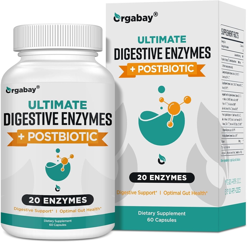 Orgabay Digestive Enzymes 1000mg con Postbióticos, 20 Enzyme Blend for Bloating, Optimal Digestion and Gut Function, 60 Veggie Capsules