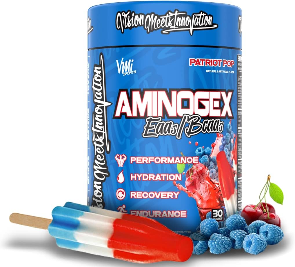 VMI Sports Aminogex Ultra TEN BCAA Powder ANTE Amino Acids + Betaine y Glutamine TENIDO Amino Acid Post Workout Recovery Bebida ← Intra Workout Bebida con electrolitos TENIDO (30 Servimientos) (Patriot Pop)