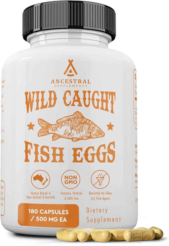 Suplementos ancestrales Huevos de pescado silvestre, 2400 mg, Omega-3 Suplemento Apoya Cerebro, Corazón, Fertilidad y Salud Inflamatoria, Fuente Alimentaria entera de vitamina D, K2, y A, No GMO, 180 cápsulas