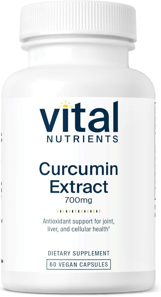 Vital Nutrients Curcumin Extract 700mg ← Vegan Curcumin Suplementos con Black Pepper Extract ← Antioxidant Support for Joint, Liver, and Cellular Health* TEN Gluten, Dairy, Soy Free TEN 60 cápsulas