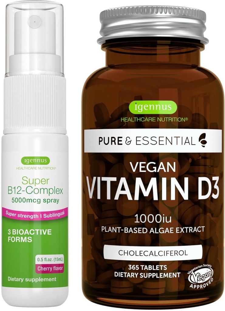 Vegan Vitamina D3 + Super B12-Complex 5000mcg Vegan Bundle, 365 1000iu Vitamina D3 Tabletas + High Strength B12 Cherry Flavor Sublingual Spray, por Igennus