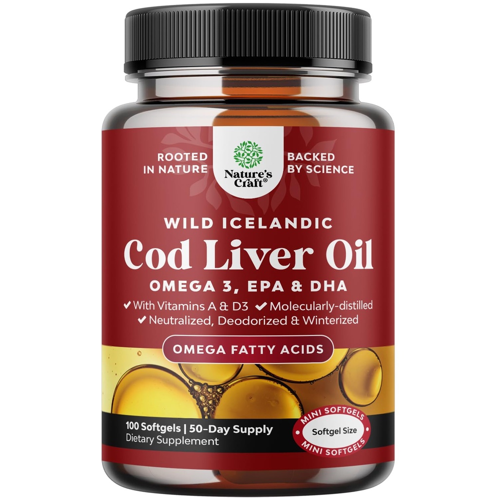 Aceite de hígado de bacalao islandés Softgels - Pez Omega 3, EPA, DHA, Vitamina D &amp; A, 1000mg Por Serving - Capsules de alboroto para el corazón, la articulación, cerebro &amp; apoyo inmunitario - 100 Conde