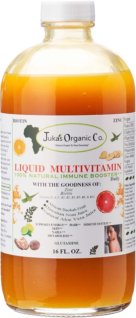 Juka's Organic Co. Líquido multivitamínico para la piel Silencioso uñas con Zinc ¦ Biotin  Baobab ← Vitamina A-E ANTET Minerales forzados, Amino Acid ¦ Boost Immune, Energy &amp; Digestive System in Glass Bottles 16oz