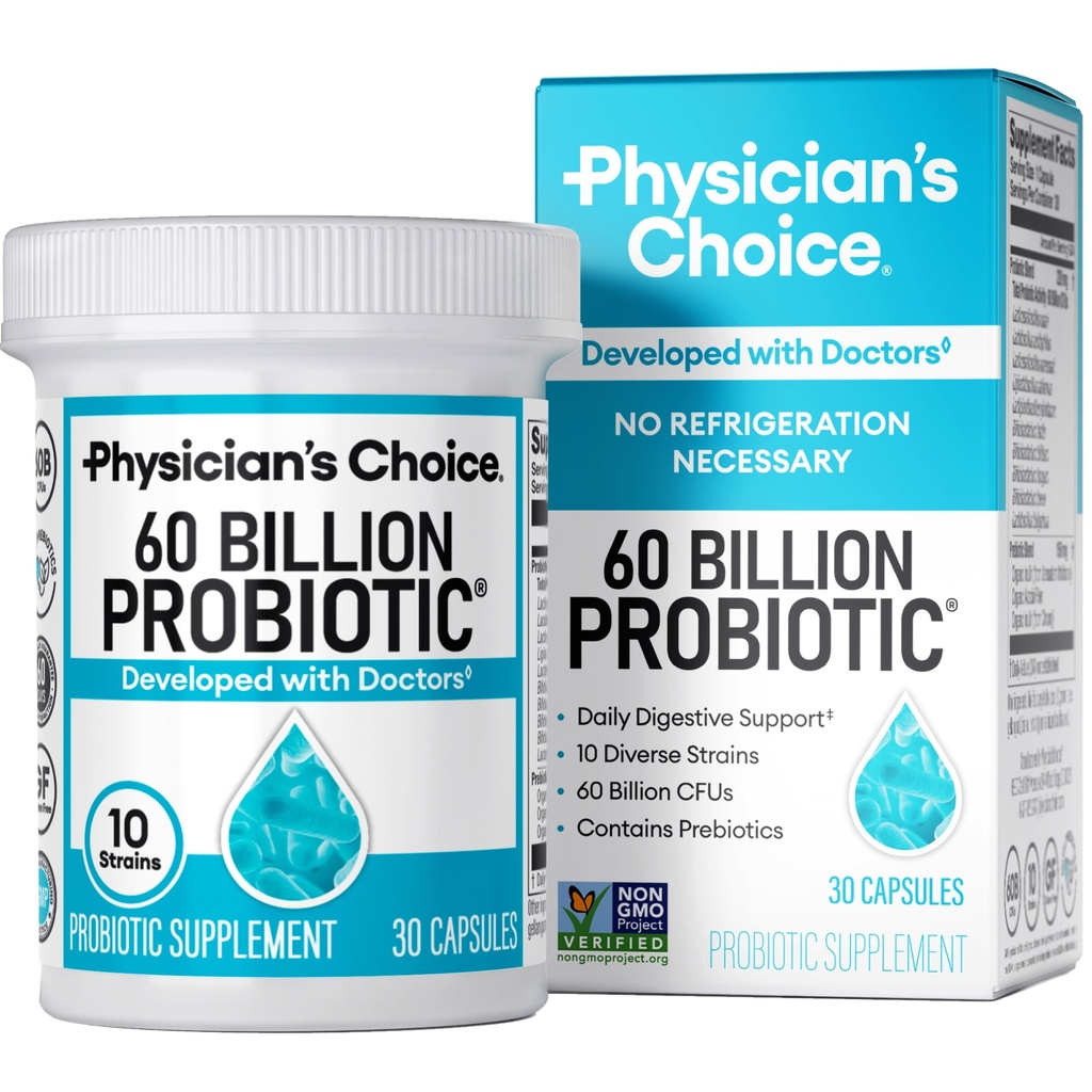 Probióticos de Elección de Médicos 60 Billones CFU - 10 Estrechos + Prebióticos Orgánicos - Salud Inmune, Digestiva " Gut - Apoya el estreñimiento ocasional, la diarrea, el gas " , para Hombres Mujer - 30ct