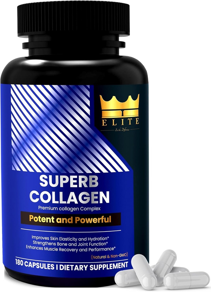 Crown Elite Superb Collagen ← Multi-Type Premium Collagen Suplemento Silencioso Esquí Hydration, Hair Growth, Joint Flexibility & Bone Strength ← Non-GMO, Grass-Fed  durable 180 Capsules, for Women &amp; Men
