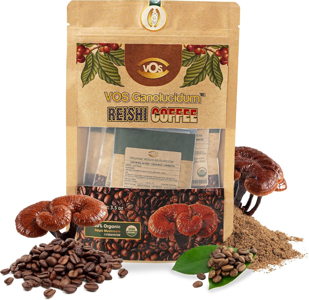 VOS GANOLUCIDUM - 100% Café Reishi orgánico, 2 en 1 Mushroom Reishi con café, 5 Sachets, Gran Tasting, Suplemento de Mushroom, Apoyo a la Energía &amp; Suplemento de inmunidad (0,7 oz cada uno)