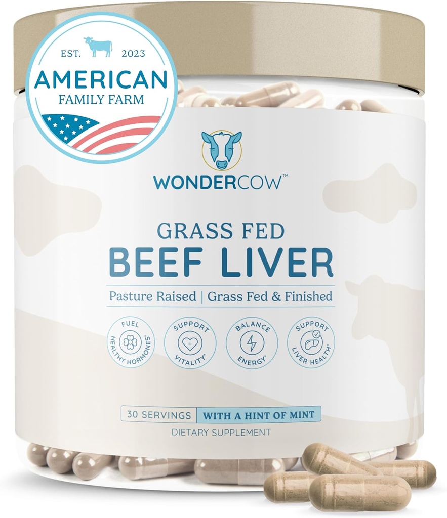 WONDERCOW Beef Liver Capsules Grass Suplemento Fed - Desiccated & Natural Source of Protein, Iron, Vitaminas A &amp; B- Boost Energy and Immunity ← USA Grown, Non-GMO, Gluten Free