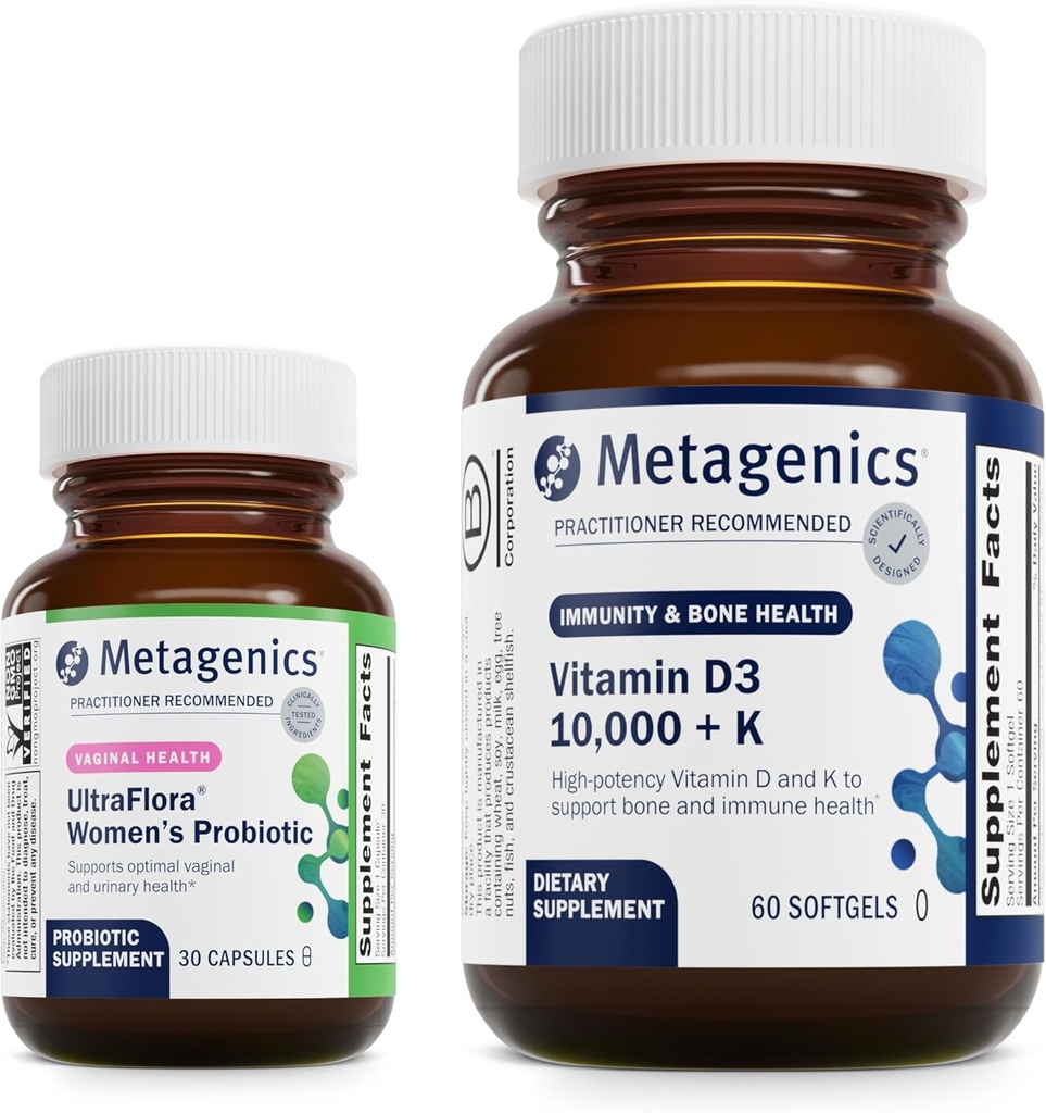 Metagenics Vitamin D3 10,000 + K (60 Softgels) &amp; UltraFlora Complete Women's Probiotic (30 cápsulas) - Immune, Bone & Heart Health Support - Aids Digestive Health