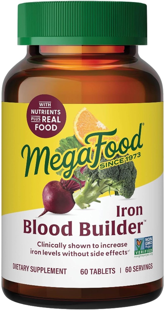 MegaFood Blood Builder Iron Suplemento para Hombres de Mujeres - Aumentar los niveles de hierro sin efectos secundarios - Combate la fatiga - con vitamina B12, ácido fólico " Vitamina C para la absorción - Vegan - Desflavorado - 30 Cuenta (Pack of 1)
