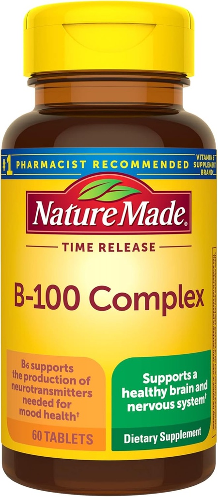 Nature Made Time Release Vitamina B-100 High Potency B Complex, Dietary Supplement for Nervous System Function Support, 60 Time Release Tablets, 60 Day Supply