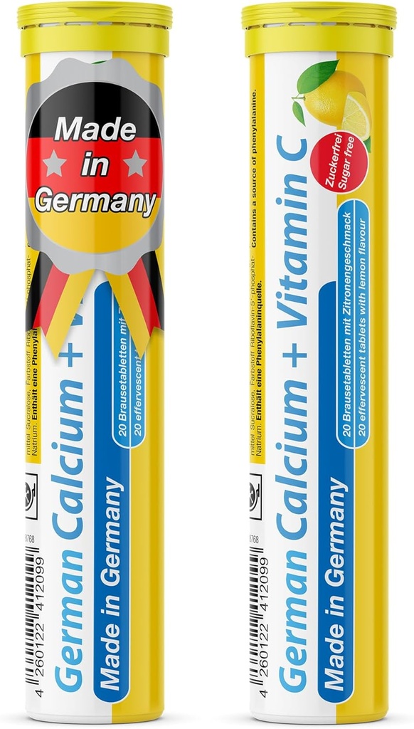 German Calcium + VIT. C - 40 Vegan Drink Effervescent Tablets - Lemon Lime Flavor - Made in Germany