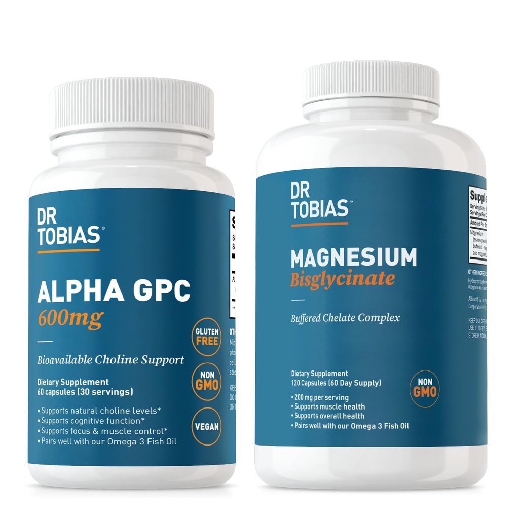 Dr. Tobias Alpha GPC &amp; Magnesium Bisglycinate - Función cerebral de apoyo " Salud general con suplementos de alta absorción, no GMO