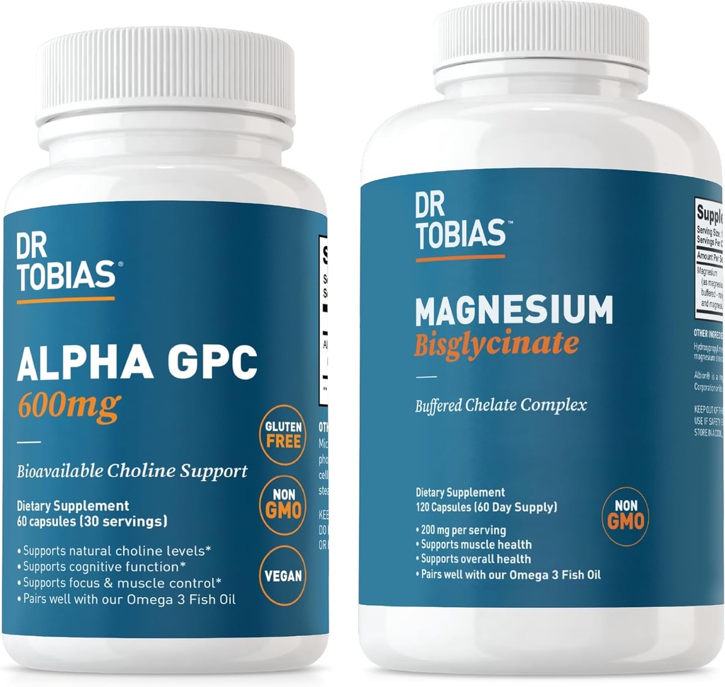 Dr. Tobias Alpha GPC &amp; Magnesium Bisglycinate - Función cerebral de apoyo " Salud general con suplementos de alta absorción, no GMO