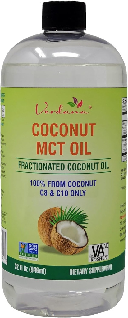 Verdana Food Grade MCT Oil 32 oz – para el café Keto, Aceite Natural Desarrollado Mouthwash &amp; Massage - 100% Coconut Derived Fraccionated Oil – Medium Chain Triglycerides C8 C10 –No-GMO, Kosher